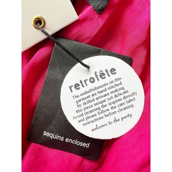 NWT Retrofête Claire Beaded Sequin Hot Pink Barbiecore Tie Waist Mini Slip Dress - Picture 9 of 12